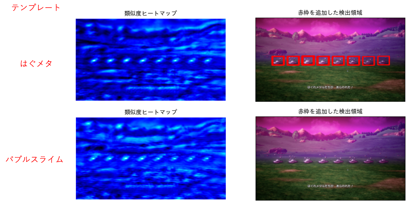 閾値0.64で、はぐれメタルとバブルスライムをテンプレートにした場合の比較