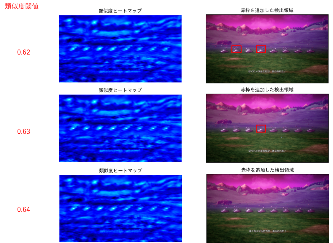 バブルスライムをテンプレートにした閾値0.62・0.63・0.64の検出結果